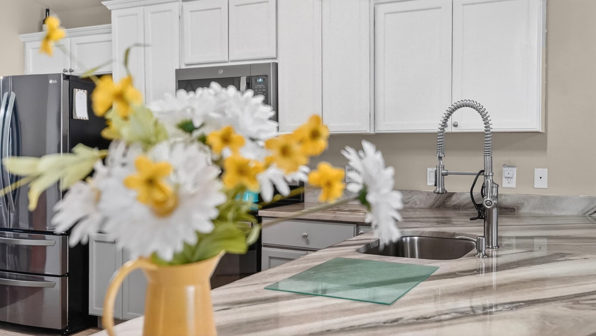 Kitchen styling detail with fresh florals