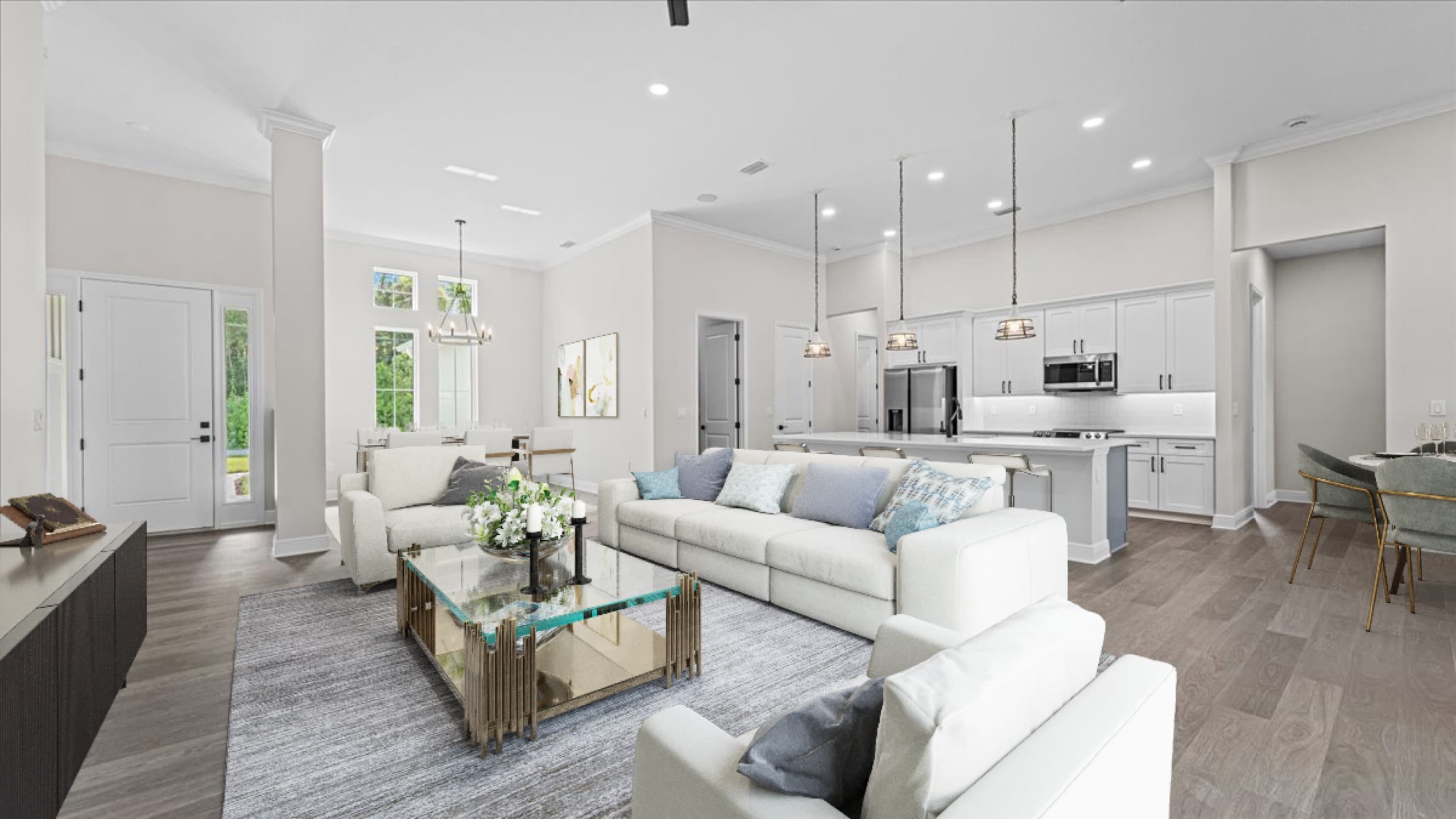 Virtually staged living-to-dining area